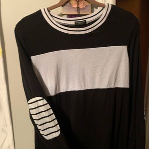 Long Sleeve Color Block Sweater with Striped Elbow Detail